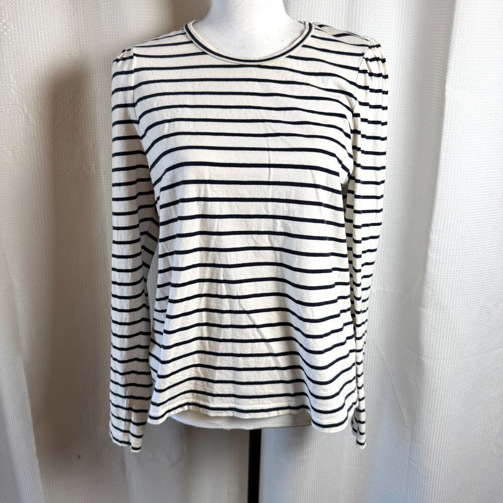 J.Crew Shirt Womens Puff Sleeve Striped Crewneck Navy Ivory Sz L Nautical EUC